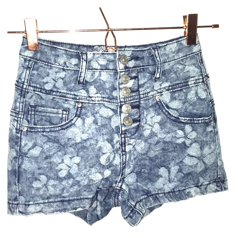 Floral Wash Denim High Waist Shorts